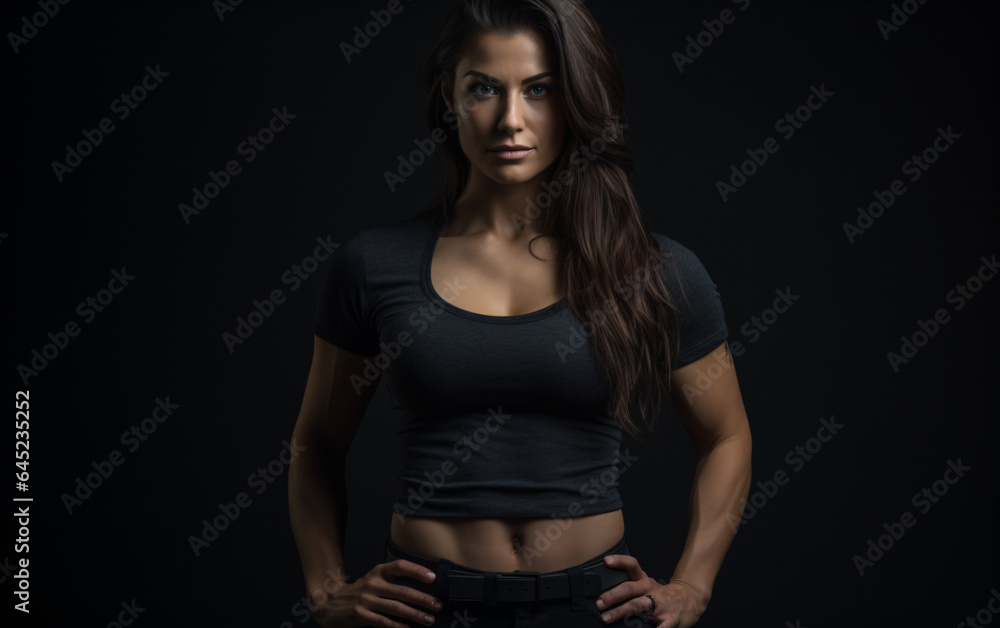 Female muscular fit rugby player body builder woman dressed in black sports outfit posing and looking at the camera. Black Background Female muscular fit rugby player body builder woman dressed in black sports outfit posing and looking at the camera. Black Background