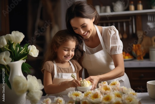 happy laughing mother and child cooking and decorating cake. AI Generated