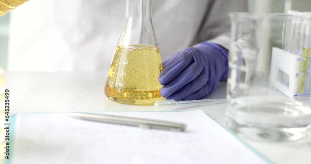 Chemist pours edible oil and petroleum products into flask in lab. Control of oil quality indicators Chemist pours edible oil and petroleum products into flask in lab. Control of oil quality indicators