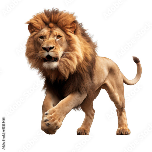 Fototapeta majestic african lion running towards camera, isolated on transparent png backgr