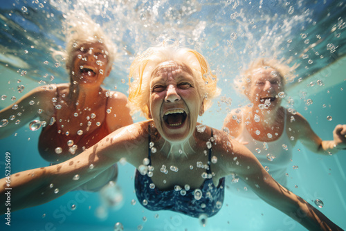 Elderly grandmothers swimming in a pool with joy, smiling and laughing. Old Women living retirement years with joy energy and fun © IgnacioJulian