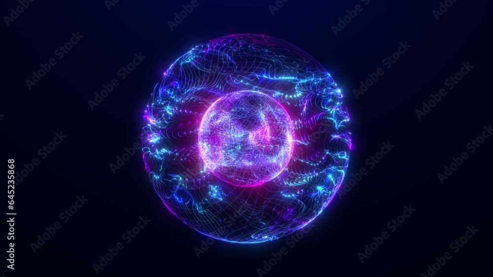 Abstract glowing particle sphere, ultraviolet atom, energy ball shining brightly with rays of light, magic waves from particles and dots, abstract atomic science background, seamless loop. Abstract glowing particle sphere, ultraviolet atom, energy ball shining brightly with rays of light, magic waves from particles and dots, abstract atomic science background, seamless loop.