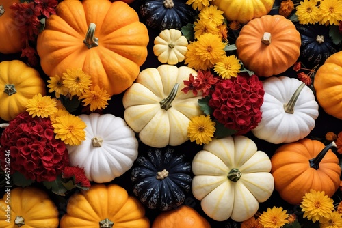 Wallpaper Mural Pumpkins of various sizes and colors with flowers, Generative AI Torontodigital.ca