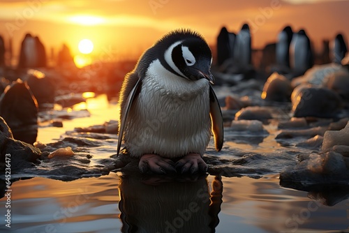 Sad penguin in the heat of the sun on melting ice cap. Climate change, global warming concept. 