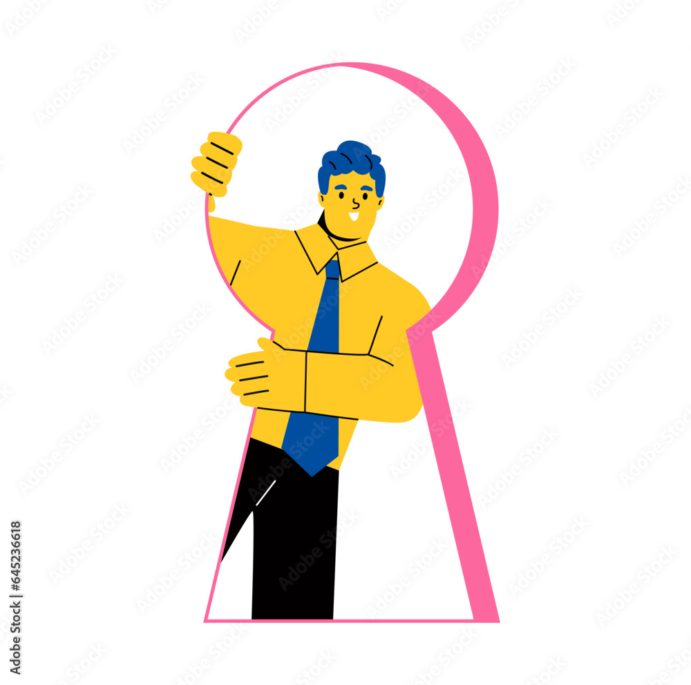 Businessman looking out of giant keyhole with curiosity and amazement at getting ready to come out. Flat vector illustration isolated on white background Businessman looking out of giant keyhole with curiosity and amazement at getting ready to come out. Flat vector illustration isolated on white background