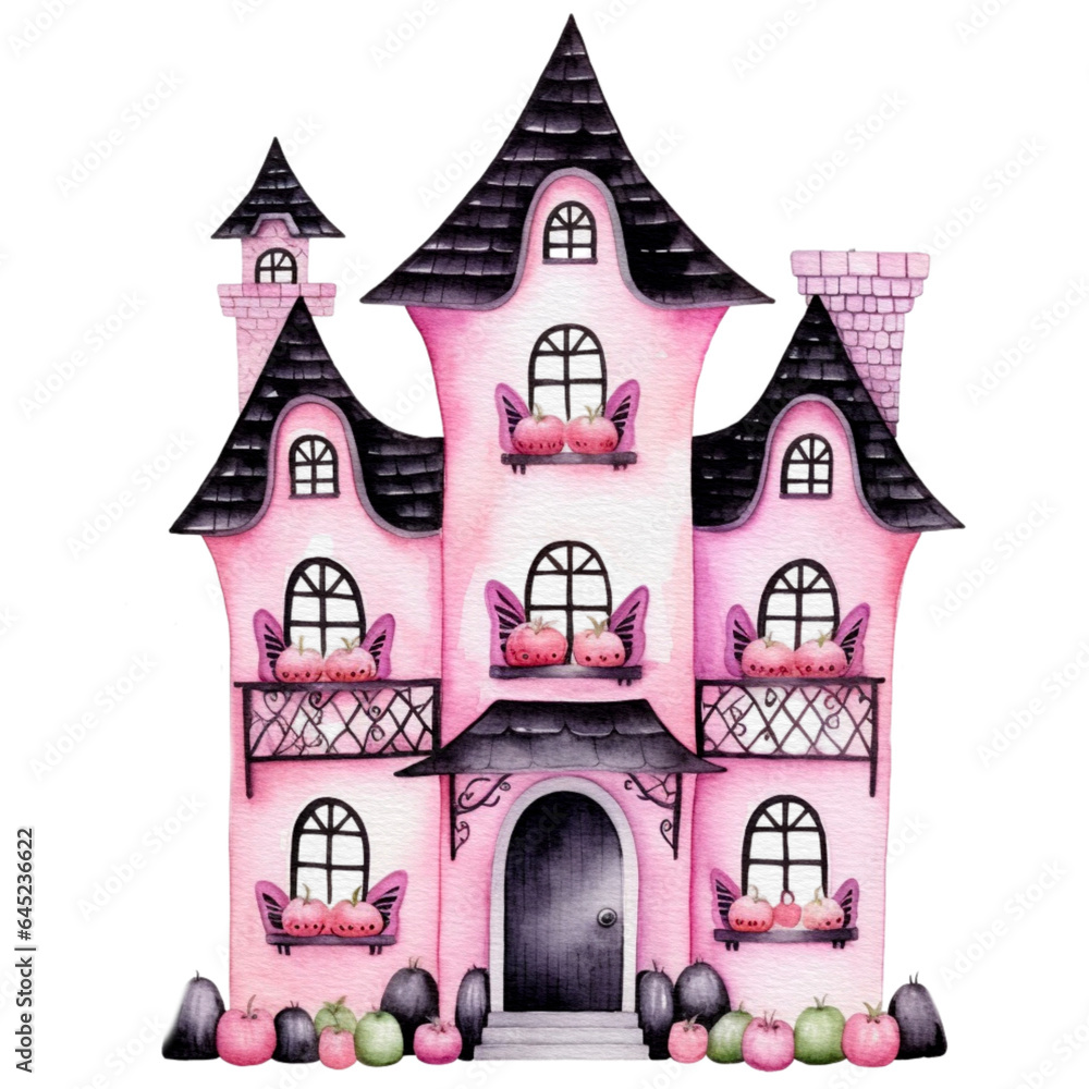 Halloween black and pink house watercolor PNG illustration. Halloween pink haunted house Spooky Night watercolor style isolated on Transparent background.