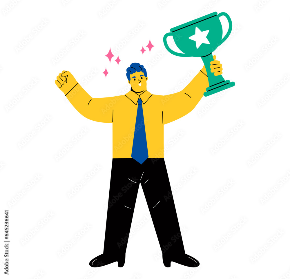 Business man holding up a gold trophy cup. Business to successful concept. Flat vector illustration isolated on white background