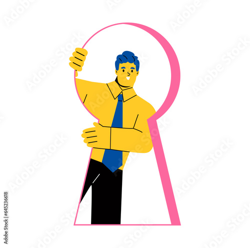 Businessman looking out of giant keyhole with curiosity and amazement at getting ready to come out. Flat vector illustration isolated on white background
