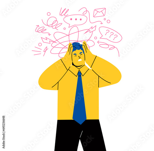 Business man in stress. Obsessive compulsive, anxiety disorder concept. Flat vector illustration isolated on white background