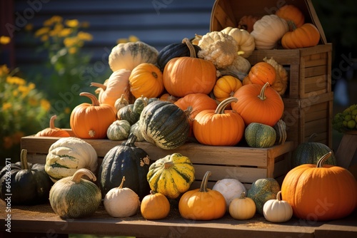 pumpkins and squash at a farmers market  Generative AI