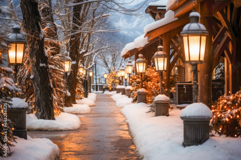 Lantern-lit path to cozy apres-ski village. Winter magic awaits in this enchanting setting.