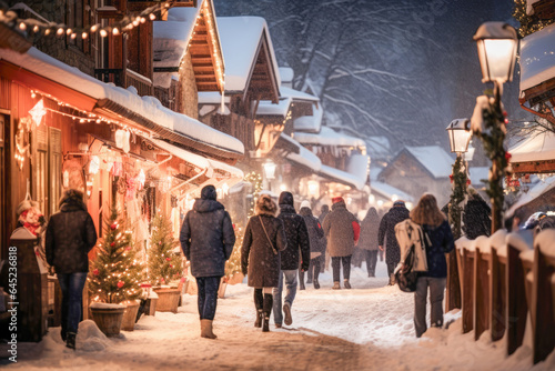Festive mountain village with twinkling lights, ideal for apres ski walks