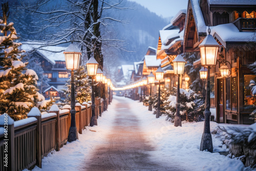 Lantern-lit path to cozy apres-ski village. Winter magic awaits in this enchanting setting.