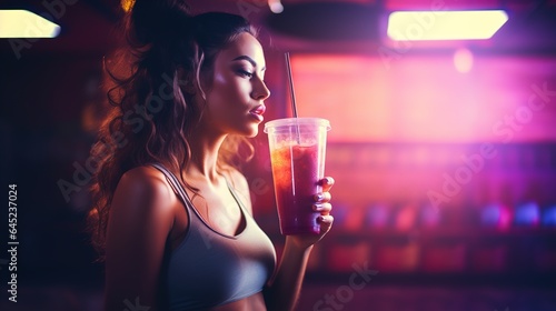 Fit girl holds a natural smoothie in her hand. Concept of a healthy lifestyle and detox
