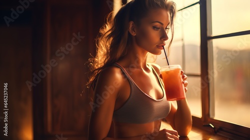 Fit girl holds a natural smoothie in her hand. Concept of a healthy lifestyle and detox