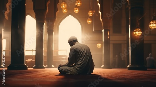 Muslim Man Praying Inside Mosque with Calm Atmosphere © Fadil