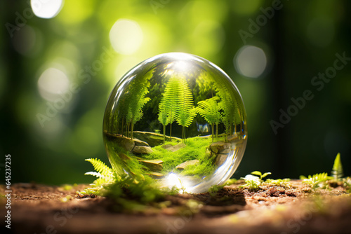 Ecological crystal ball containing trees nature and plants surrounded by green forest earth garden in nature. future of fragile beautiful nature