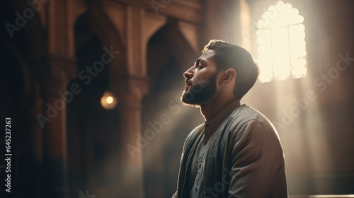 Muslim Man Praying Inside Mosque with Calm Atmosphere