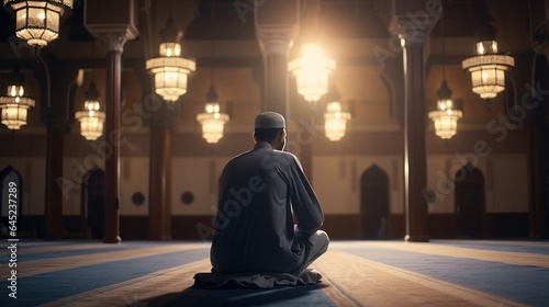 Muslim Man Praying Inside Mosque with Calm Atmosphere