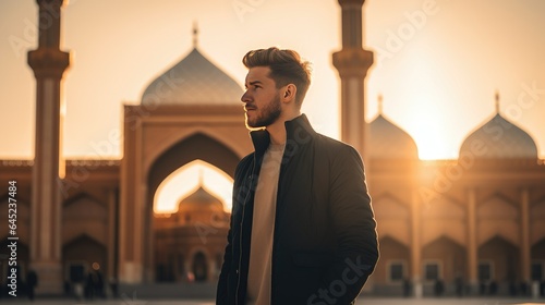 Handsome Muslim Man Pose in Front of Mosque at Golden Hour