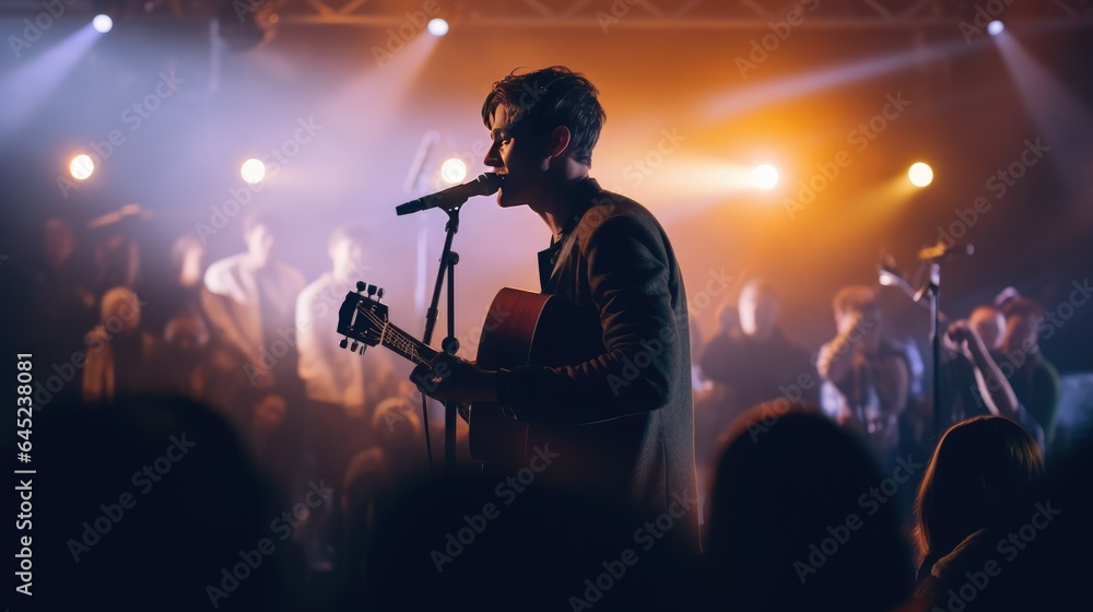 Handsome Man Perform Singing and Playing Guitar in Front of Audience