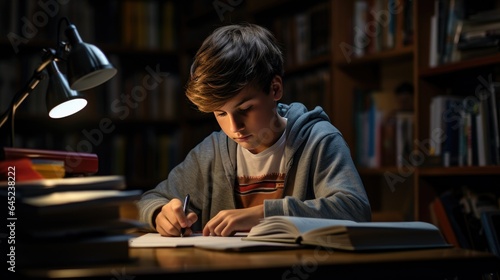 Young Male Stressed While Studying at Night with Desk Lamp