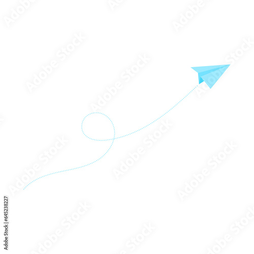Vector illustration blue paper plane drawing with line tail isolated on white background