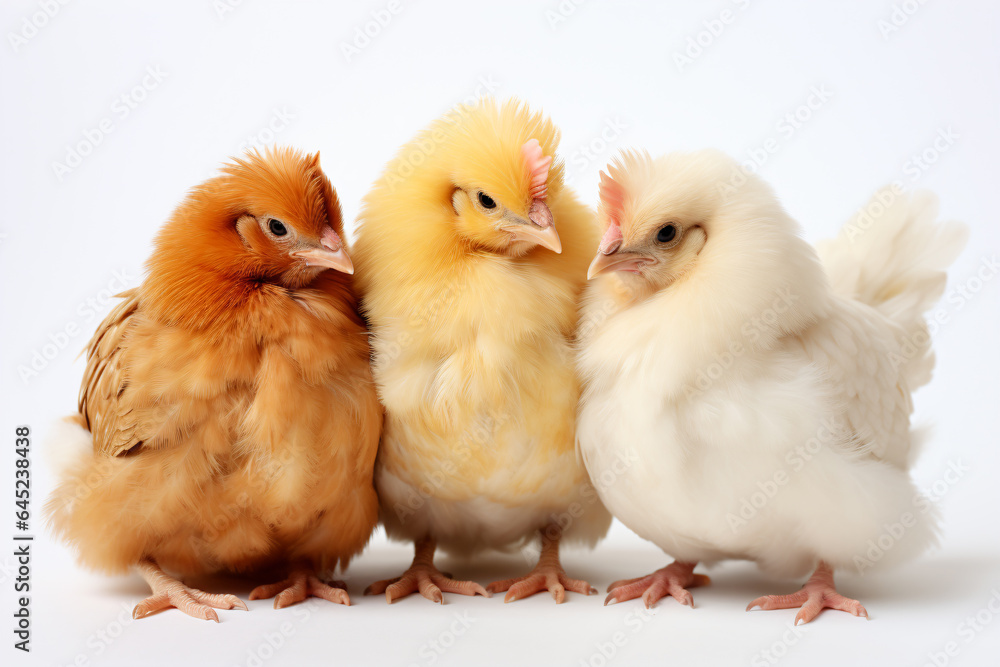 three chickens are standing next to each other
