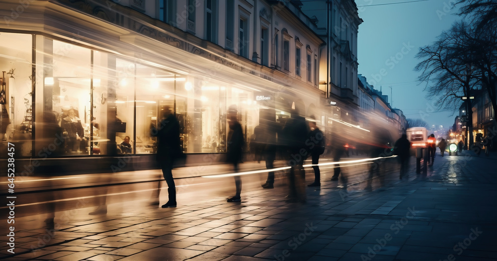 Street in the night. Street view in the city center. Traffic in blur