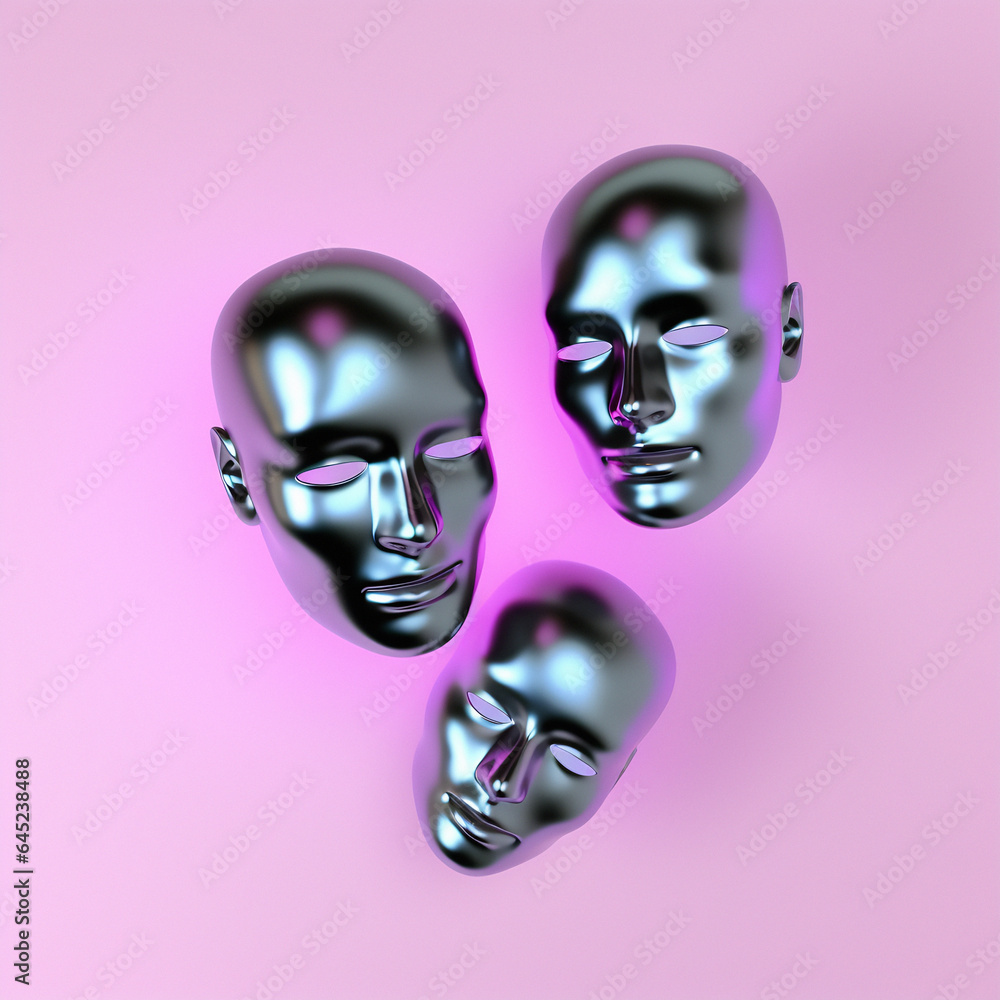 3D illustraion of glossy head models on a pink pastel background. 3D illustraion of glossy head models on a pink pastel background.
