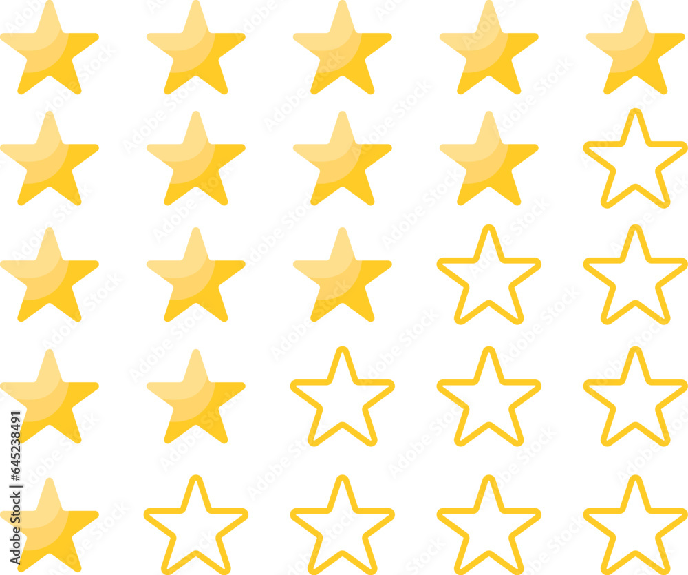 Large set of golden stars rating, rating from one star to five, on a transparent background, vector graphics, golden star Large set of golden stars rating, rating from one star to five, on a transparent background, vector graphics, golden star