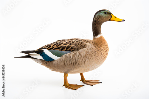 a duck with a blue and white stripe on its body