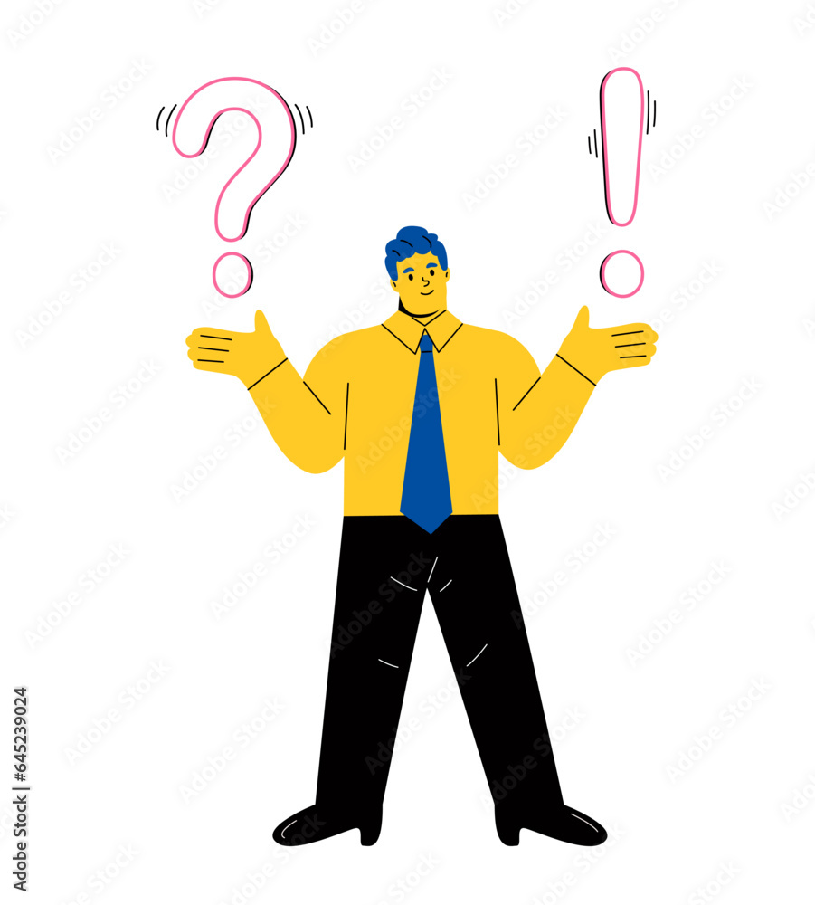 Conceptual of frequently asked questions of exclamation mark and question mark, question answer metaphor. Flat vector illustration isolated on white background Conceptual of frequently asked questions of exclamation mark and question mark, question answer metaphor. Flat vector illustration isolated on white background