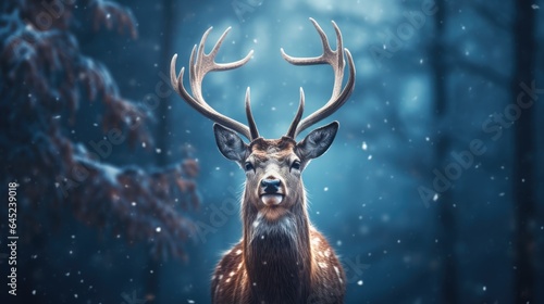 Red deer stag in the winter forest. Noble deer male. Banner with beautiful animal in the nature habitat. Wildlife scene from the wild nature landscape. Wallpaper, Christmas background © ratatosk