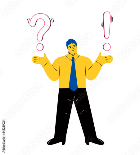 Conceptual of frequently asked questions of exclamation mark and question mark, question answer metaphor. Flat vector illustration isolated on white background