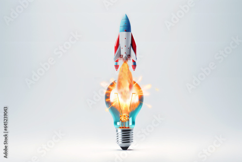 A rocket launches from a light bulb. Cartoon rocket awakens and grows innovative ideas. Concepts that spark new and innovative ideas