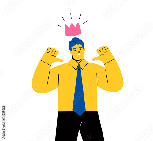 Business man pointing himself with both hands confident. Concept of positive self esteem. Flat vector illustration isolated on white background