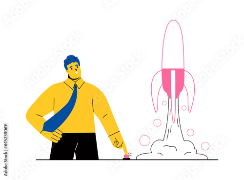 Business man push rocket button, start new business or launch start up. Flat vector illustration isolated on white background