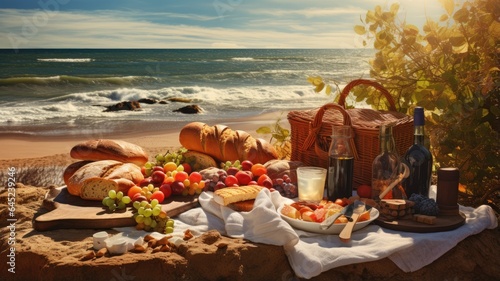 a cozy autumn picnic set up on a beach with a spread of fresh tea, delectable croissants, and a jar of jam. The scene is framed by the tranquil beauty of the coastline, evoking a sense of relaxation .
