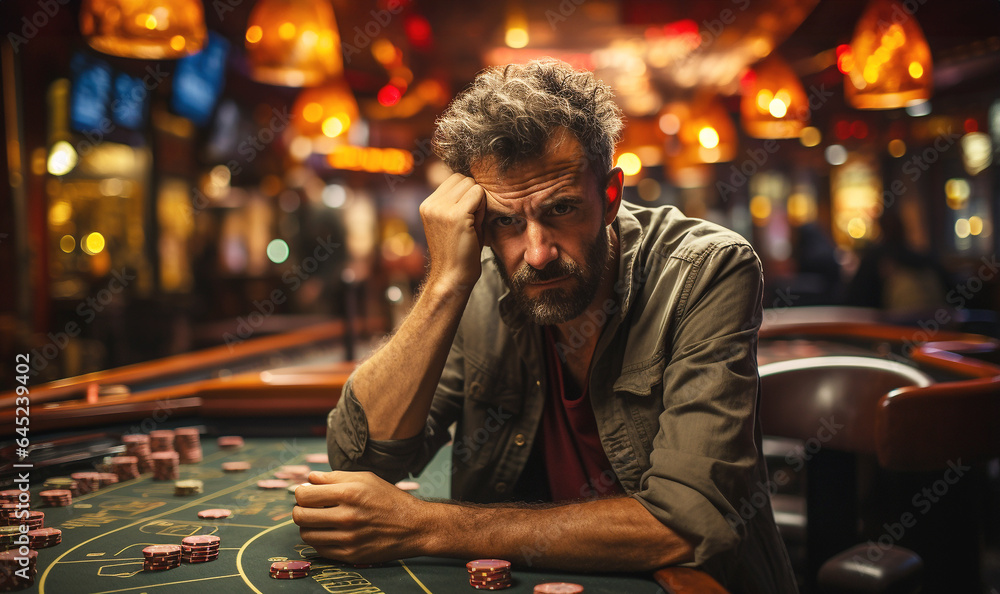 Addicted gambler man losing a lot of money playing poker in casino, gambling addiction. Divorce, loss, ruin, debt, Depressed addicted man. - obrazy, fototapety, plakaty 