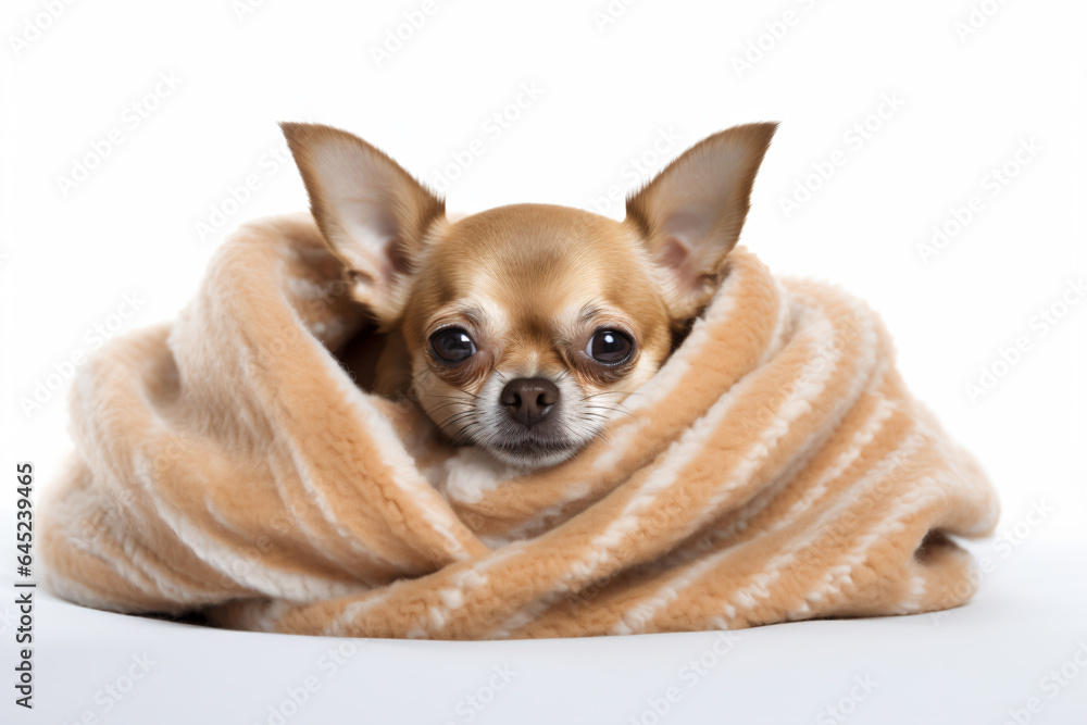 a small dog wrapped up in a blanket