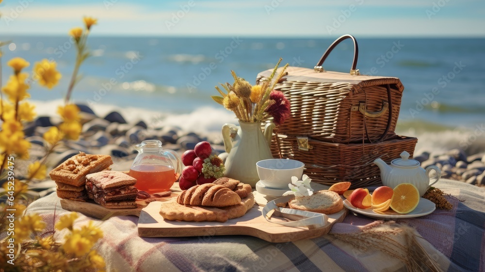 a cozy autumn picnic set up on a beach with a spread of fresh tea, delectable croissants, and a jar of jam. The scene is framed by the tranquil beauty of the coastline, evoking a sense of relaxation .