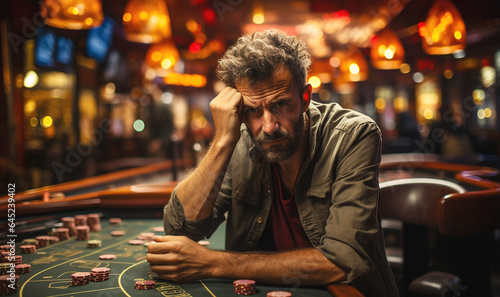 Addicted gambler man losing a lot of money playing poker in casino, gambling addiction. Divorce, loss, ruin, debt, Depressed addicted man. photo