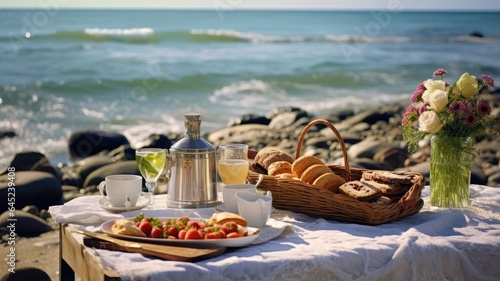 a cozy autumn picnic set up on a beach with a spread of fresh tea, delectable croissants, and a jar of jam. The scene is framed by the tranquil beauty of the coastline, evoking a sense of relaxation .