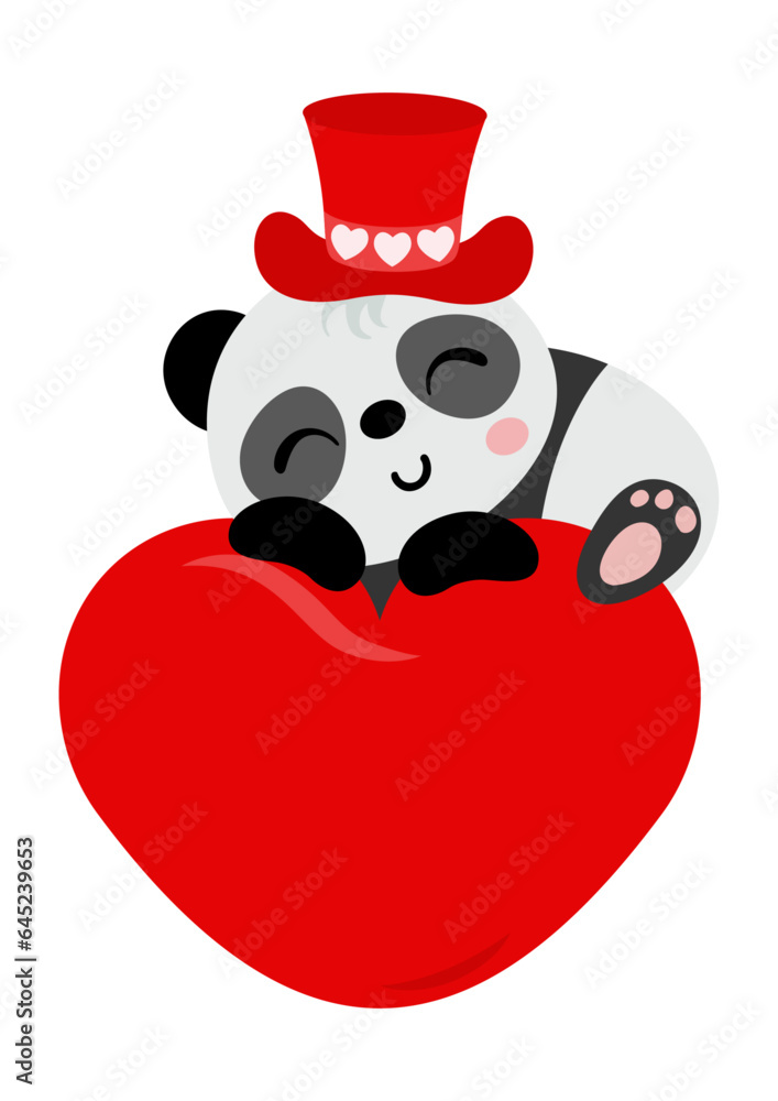 Naklejka premium Cute panda with red hat on top of big red heart