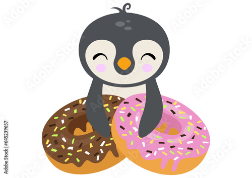 Funny penguin with strawberry and chocolate donuts