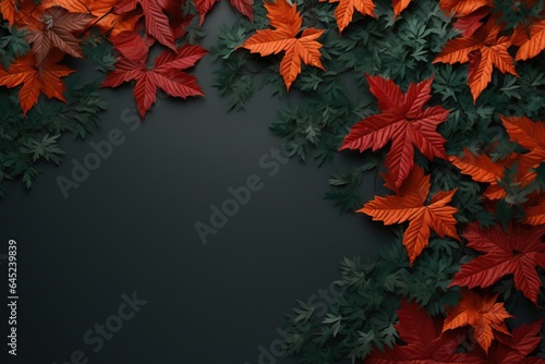 Autumn or winter frame with dry red maple leaves. Thanksgiving and Harvest day trendy dark background with beautiful leaves. Fall leaf border with copy space