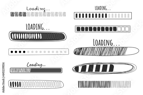Set Loading bar, progress in doodle style isolated on white background. Indicator, line hand drawn sketch.