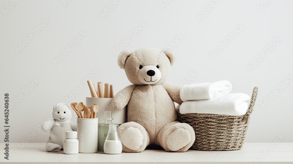 Φωτογραφία a knitted basket filled with gentle baby cosmetics, bath accessories, and a cuddly teddy bear, all neatly arranged on a white table set against a soothing beige background