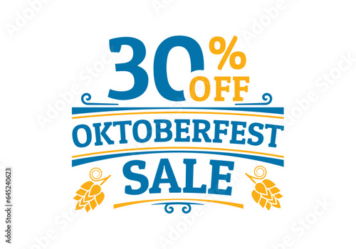 Oktoberfest sale icon, logo or label. 30% price off sign. Beer festival promotion emblem, banner or poster design element. Vector illustration.
